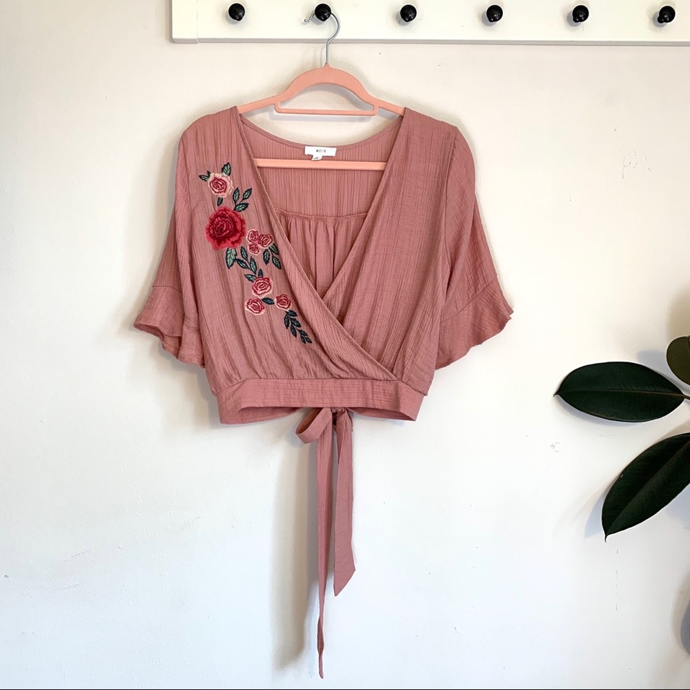 Anthro Mine Blush Crop Faux Wrap Embroidery Blouse